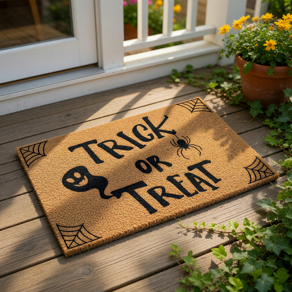 Trick or Treat Halloween doormat made of natural coir fiber, featuring a spooky ghost, spider, and web design on a front porch, perfect for fall home decor, entryway floor mats, and seasonal outdoor welcome mat decorations.