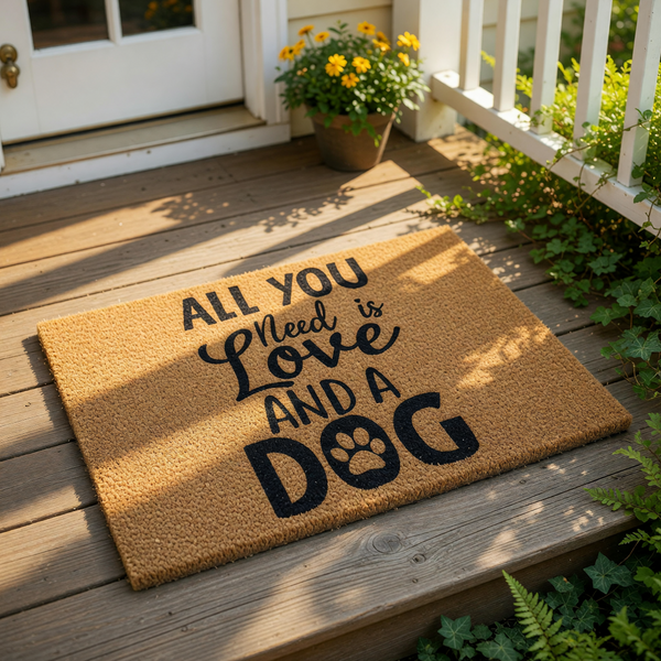 Dog lover doormat with natural coir fiber texture featuring the printed phrase All You Need Is Love And A Dog with a paw print design, perfect as a front porch welcome mat for pet owners and animal lovers seeking home decor.