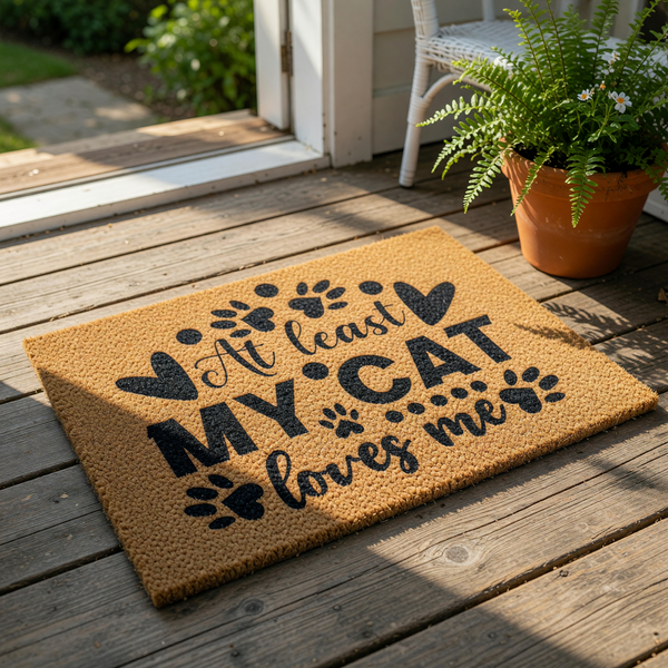 Cat lover doormat with At least my cat loves me text, featuring black paw prints and heart designs on a natural coir fiber welcome mat, perfect for a funny pet owner front porch decor or a unique housewarming entry rug for cat