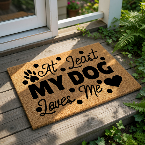 At least my dog loves me coir doormat with black text and paw print design, this funny pet lover welcome mat is a durable outdoor floor rug for dog owners who want a humorous entryway decor piece for their front porch or home