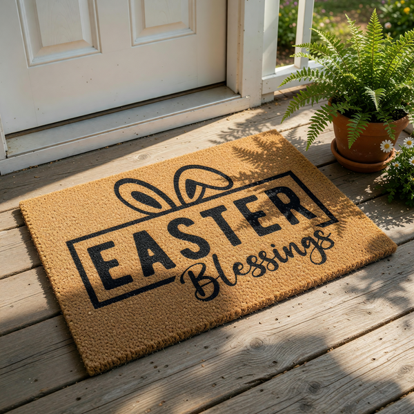 Easter Blessings coir doormat featuring a black printed design of bunny ears and festive text, this natural fiber welcome mat is a seasonal front porch rug for spring home decor and holiday entryway floor covering.