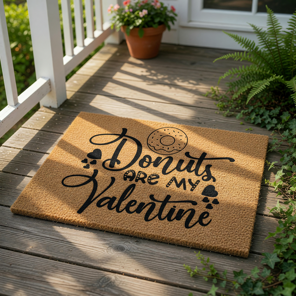 Donuts Are My Valentine coir doormat featuring a fun food pun design, this natural fiber welcome mat is a cute front porch decor piece for February holidays and makes a sweet entryway rug for any home that loves tasty treats.