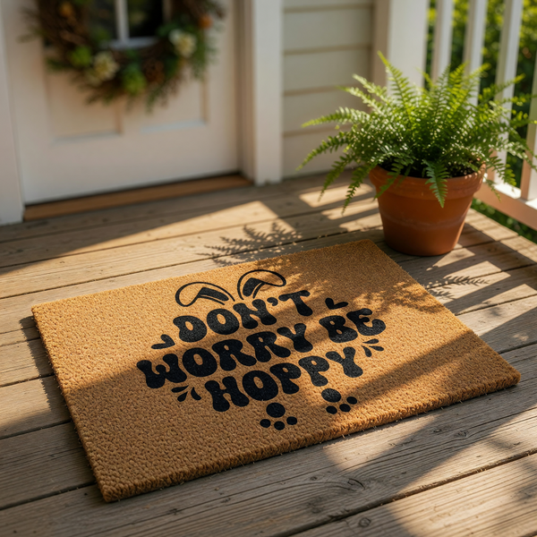 Easter Bunny doormat with Don't Worry Be Hoppy text on a natural coir welcome mat, featuring cute rabbit ears and paw prints for a spring porch decor look on a sunny front door entryway with a potted fern and wreath.