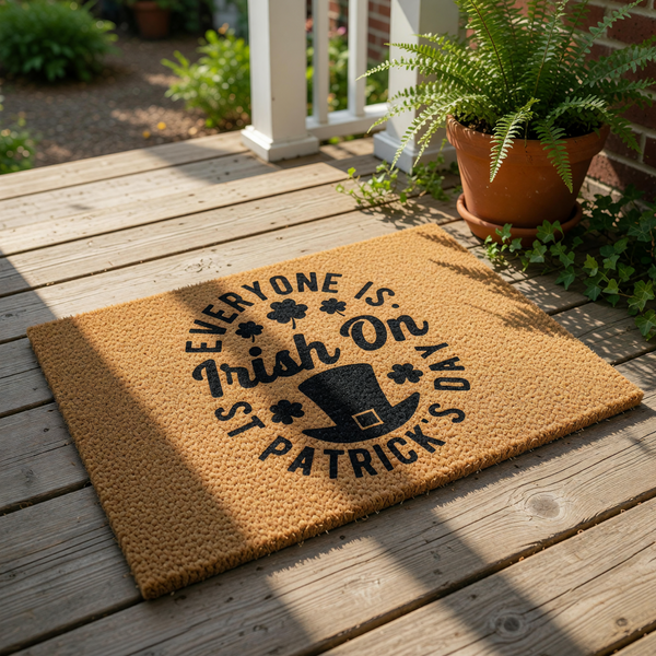 Holiday welcome doormat featuring a festive spring design with a top hat and clover icons, this natural coir fiber floor mat is a fun seasonal home decor piece for your front porch entry during the month of March celebrations.