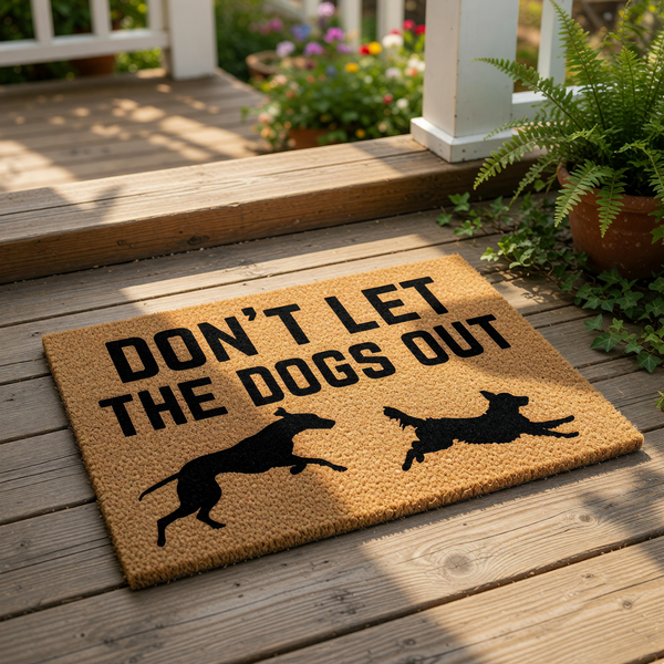 Funny dog doormat with the text Don't Let The Dogs Out and silhouettes of two running dogs, this natural coir fiber welcome mat is a humorous front porch decor piece for pet owners and dog lovers looking for a unique entryway rug.