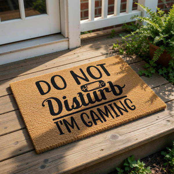 Gaming doormat for front porch with text that says Do Not Disturb I'm Gaming, featuring a handheld console icon on a natural coir fiber welcome mat, perfect for a gamer home entrance or a fun housewarming decor accessory.