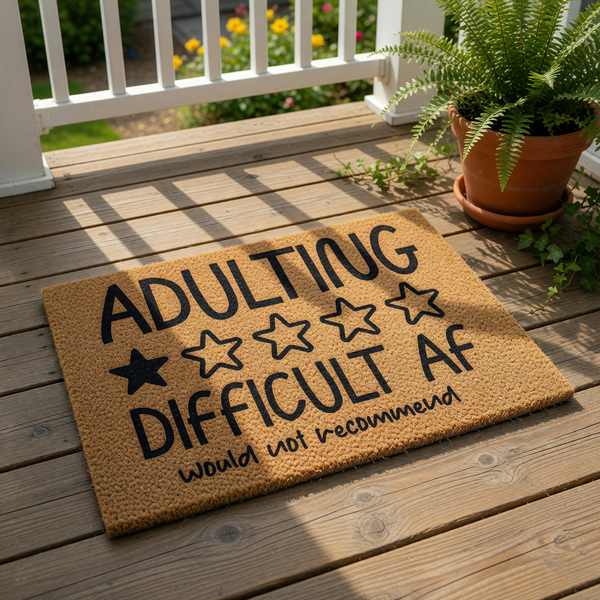 Funny Adulting Difficult AF doormat with a one-star rating design, featuring bold black text on a natural coir fiber welcome mat that makes a humorous housewarming decor piece for any apartment or home entryway.