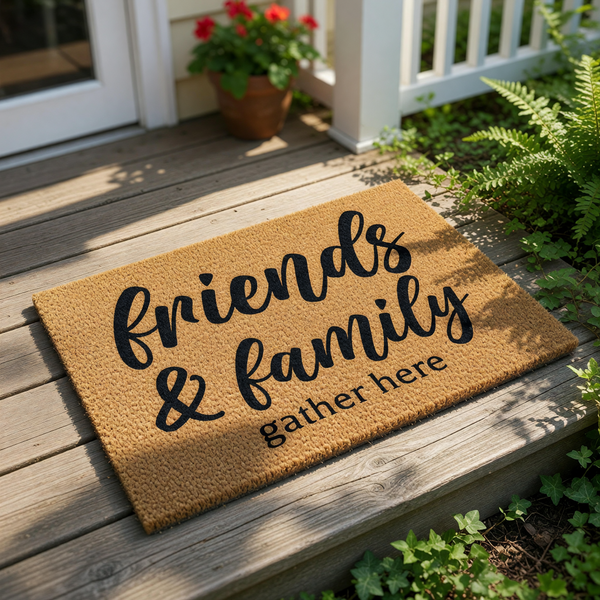 Friends and family gather here coir doormat with black script lettering, a natural fiber welcome mat for front porch entryways that adds a warm, inviting touch to your home decor and entryway floor space for guests and visitors.