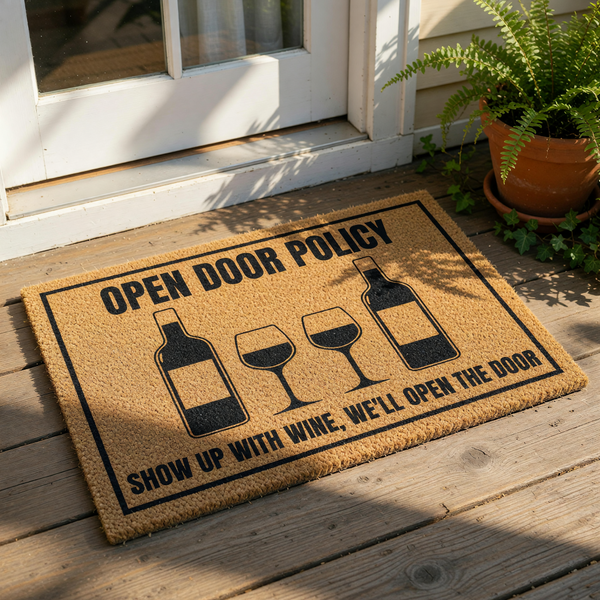 Funny wine lover doormat featuring an open door policy design with wine bottles and glasses, this natural coir welcome mat is a humorous front porch decor piece for wine drinkers and makes a great housewarming entry rug for your