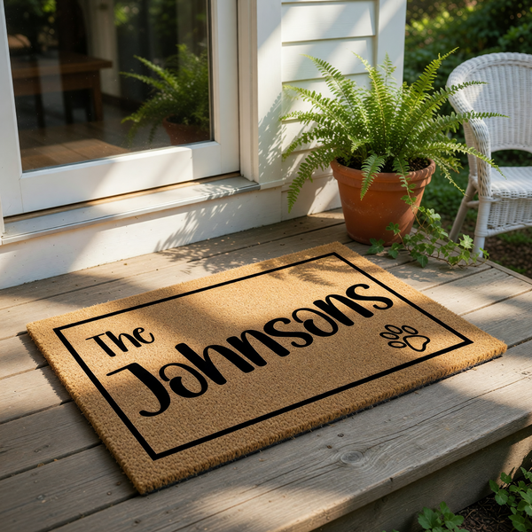 Personalized family name coir doormat with a paw print design, featuring a natural fiber welcome mat on a wood porch, perfect for pet lovers looking for a custom front door rug or housewarming entry mat for their home entrance.
