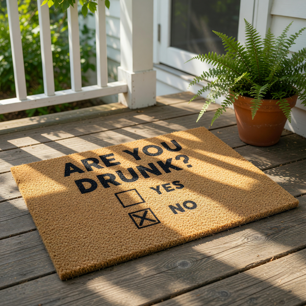 Funny Are You Drunk doormat with a checkbox design on natural coir fiber, featuring a humorous front door welcome mat for guests that asks a question with yes and no options marked with an X for a cheeky home entryway decor look.
