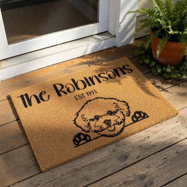 Personalized Poodle family doormat featuring a cute dog illustration, custom last name, and established year on durable coir fiber.