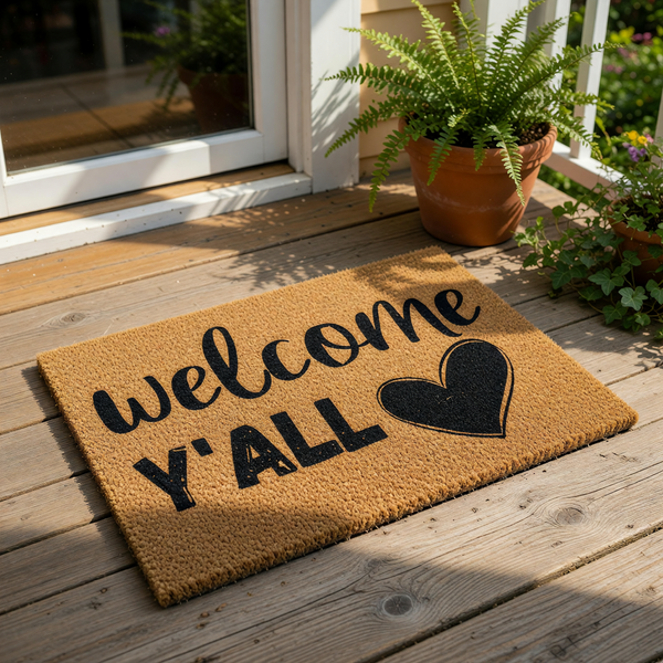 Welcome Y'all coir doormat with a black heart design, featuring a natural fiber welcome mat for front porch entryways that adds a rustic farmhouse touch to your home decor and outdoor entryway floor covering for guests.