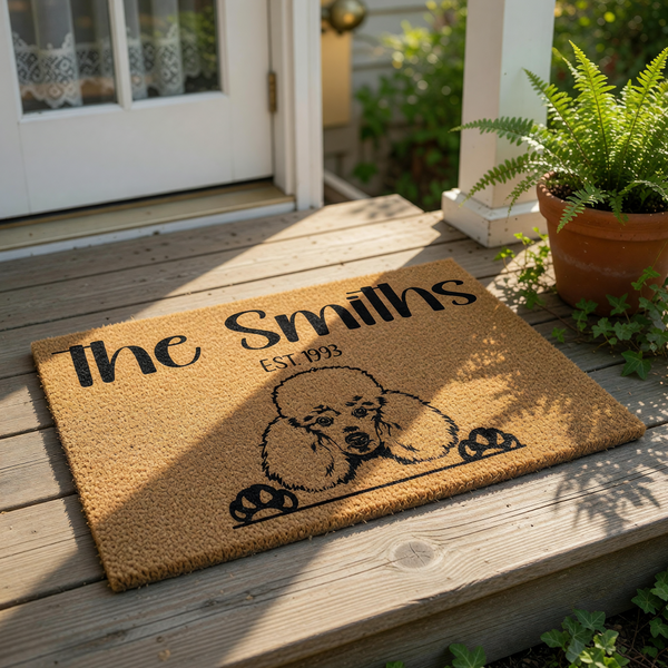 Personalized Poodle doormat featuring a custom family name and established date on natural coir fiber, this durable outdoor welcome mat showcases a cute dog illustration for pet lovers and home entryway decor.