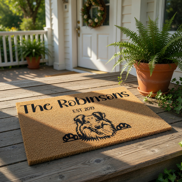 Personalized Sheltie dog doormat for front porch, featuring a custom family name and established year on natural coir fiber.