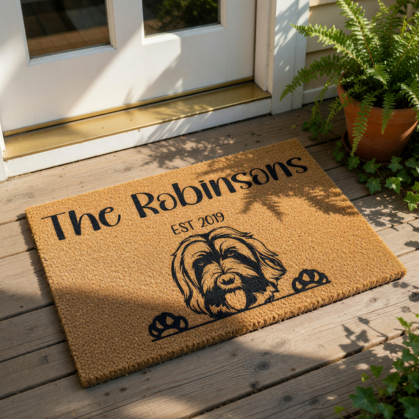 Personalized dog breed doormat featuring a shaggy dog illustration with paws, custom family name text, and established year on a natural coir welcome mat, perfect for a pet lover home entrance or front porch decor.