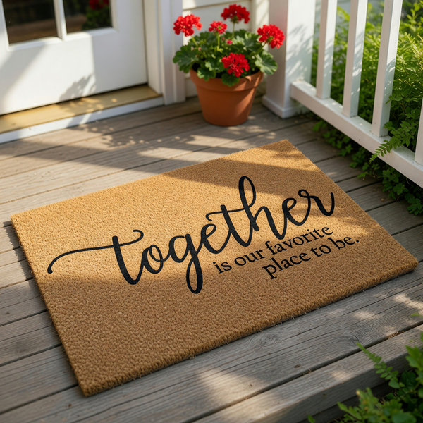 Together is our favorite place to be doormat, a natural coir fiber welcome mat for front porch decor featuring elegant black script lettering on a durable outdoor rug that adds a warm, inviting touch to any home entryway or