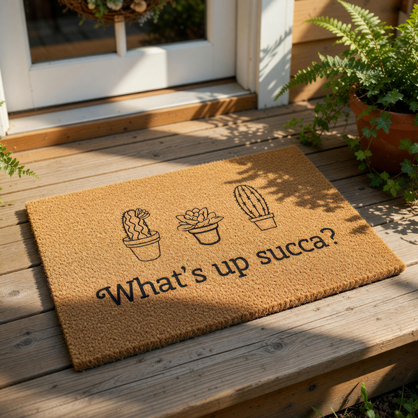 Cactus welcome doormat with funny pun text What is up succa, featuring three potted succulent plant illustrations on a natural coir fiber mat, perfect for a front porch entry, housewarming decor, or a plant lover home entrance.