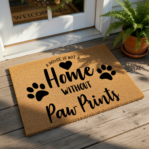 Pet lover welcome doormat with A House Is Not A Home Without Paw Prints text and black paw print icons on a natural coir fiber mat, perfect for dog or cat owners looking for a durable outdoor entrance rug for their front porch.