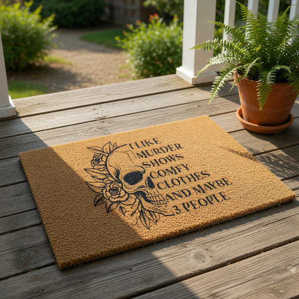 Skull and floral welcome doormat featuring funny text about murder shows and comfy clothes, this natural fiber coir entry rug sits on a wood porch, making a sarcastic home decor statement for fans of true crime and dark humor.