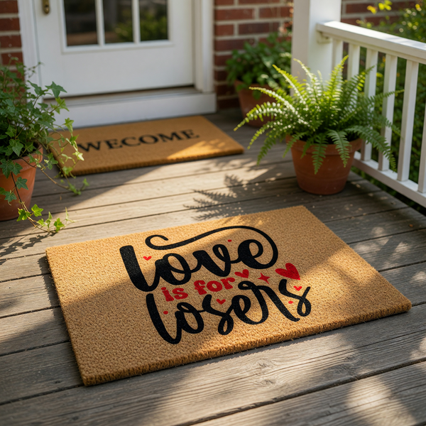 Funny Love Is For Losers doormat featuring bold black and red typography on a natural coir fiber welcome mat, displayed on a wood porch as a sarcastic home decor piece for entryways, front doors, and housewarming apartment floor