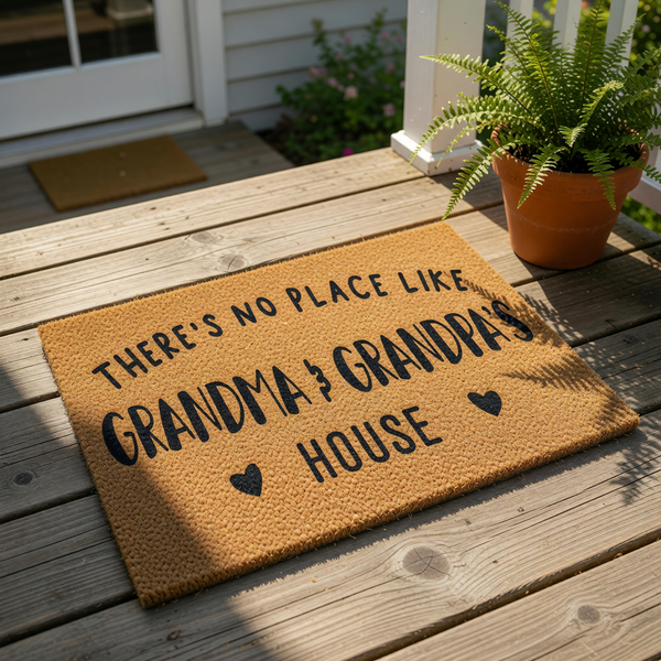 Grandma and Grandpa house doormat featuring natural coir fiber, this personalized welcome mat for grandparents features black text and heart icons, perfect for a front porch entryway or a stylish home decor housewarming entrance.