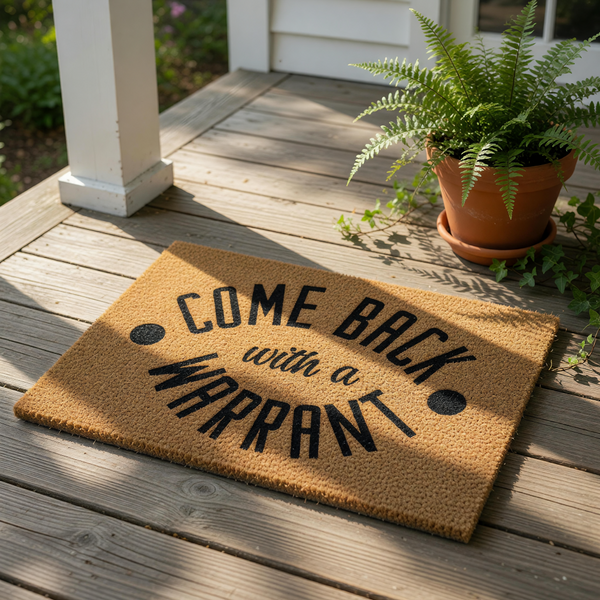 Funny doormat with Come Back with a Warrant text printed in black on a natural coir fiber welcome mat, perfect for a humorous front porch entry or housewarming decor that adds a bold personality to your home entrance and floor