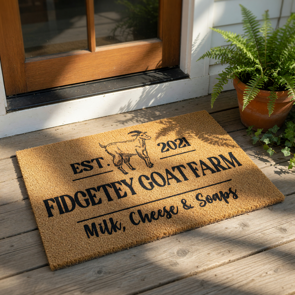 Custom goat farm doormat featuring a rustic coir welcome mat design with a goat illustration, perfect for a farm house entrance, homestead decor, or a unique personalized gift for goat lovers and small farm business owners.