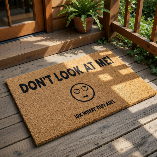 Funny doormat with the text Don't Look At Me and Idk Where They Are, featuring a rolling eyes emoji on a natural coir fiber welcome mat, perfect for a humorous front porch entrance or a quirky housewarming gift for a new home
