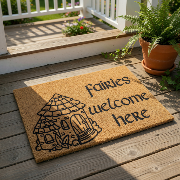 Fairies welcome here coir doormat featuring a whimsical fairy house illustration, this natural fiber welcome mat is a charming outdoor rug for your front porch, garden entrance, or home entryway decor for fantasy lovers.