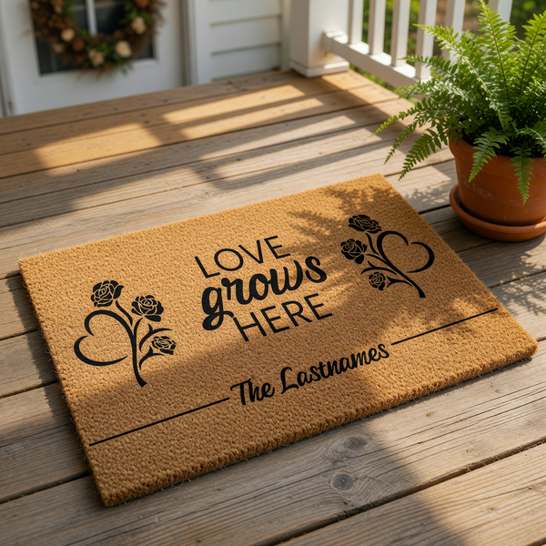 Personalized Love Grows Here doormat featuring a natural coir fiber texture with black floral heart designs, perfect as a custom family name welcome mat for a front porch, housewarming entry rug, or a stylish home decor entrance