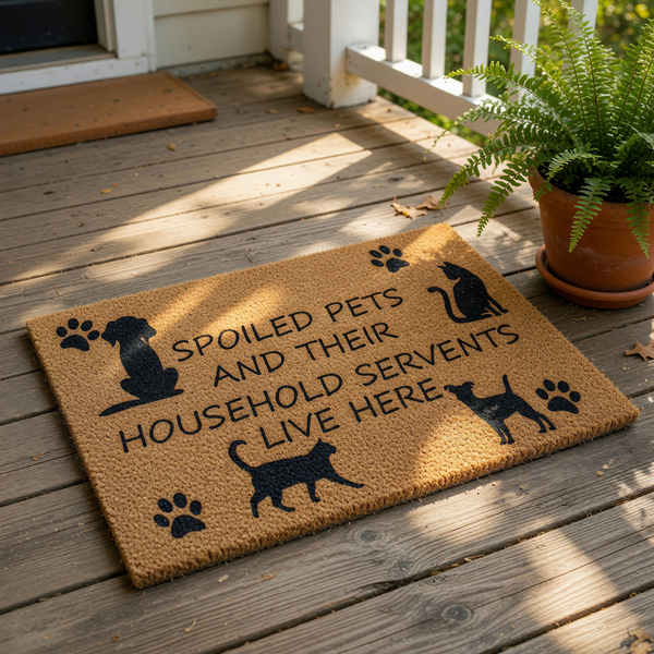Spoiled Pets and Their Household Servants Live Here doormat, a funny natural coir welcome mat featuring black silhouettes of cats and dogs with paw prints, perfect for pet lovers looking for a humorous front porch decor entry rug.