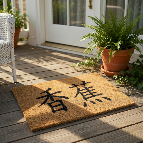 Coir doormat with black Chinese characters for banana printed on the natural brown fiber surface, serving as a durable outdoor welcome mat or entryway rug for a home, apartment, or porch decor with a unique and minimalist design
