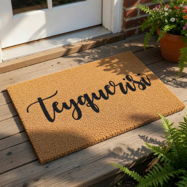 Personalized coir doormat with custom script text, featuring a durable natural fiber welcome mat for front porch entryways, this outdoor floor rug provides a stylish home decor accent for housewarming or new home entryways.