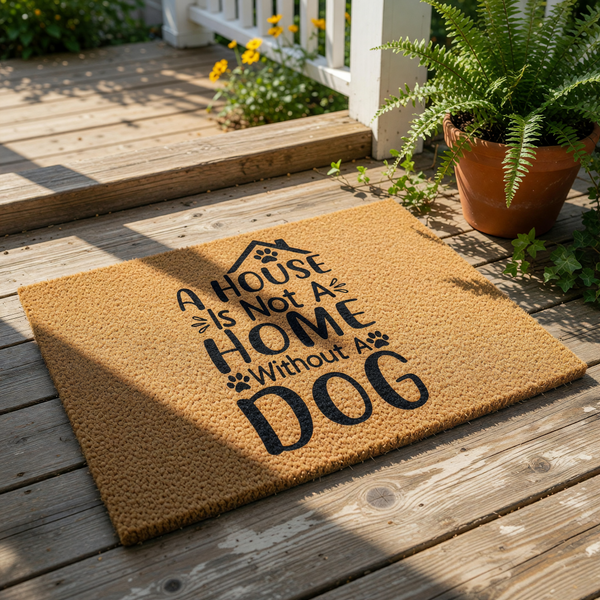 Dog lover welcome doormat featuring a house and paw print design with the text A House Is Not A Home Without A Dog, this natural coir fiber entry mat is a durable outdoor floor rug for pet owners and a cute front porch decor