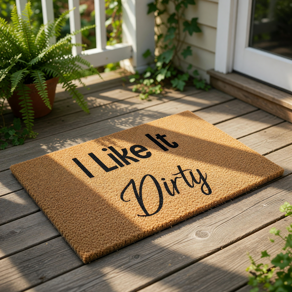 I Like It Dirty funny doormat made of natural coir fiber with bold black text, this humorous welcome mat is a perfect front porch decor piece for anyone who loves cheeky bathroom humor or a sarcastic entryway rug for your home.