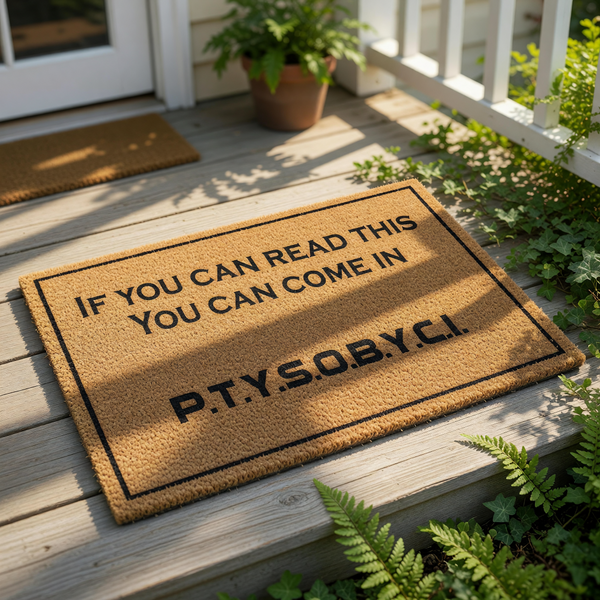 Funny doormat with the text If You Can Read This You Can Come In and P.T.Y.S.O.B.Y.C.I. printed on a natural coir fiber welcome mat, perfect for a front porch entrance or housewarming decor for a humorous home entryway.