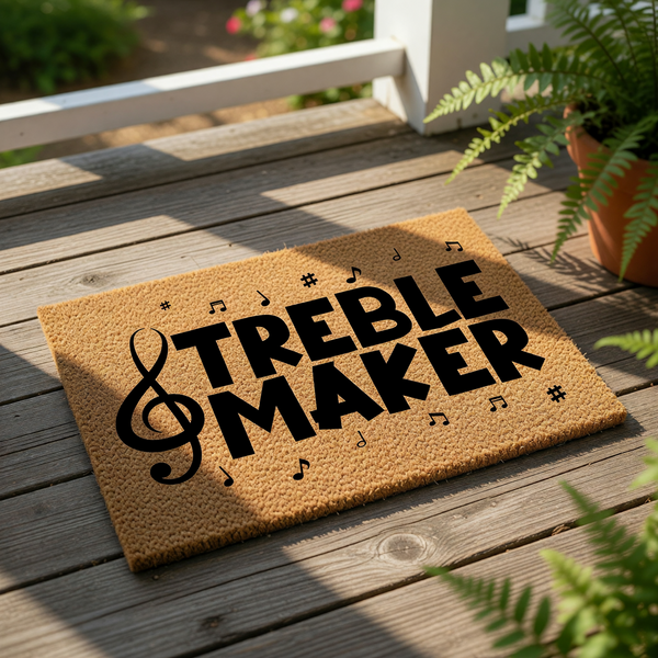Treble Maker music doormat featuring a large treble clef and musical notes on a natural coir fiber welcome mat, perfect for a musician home entrance or a fun front porch decor piece for any music lover who enjoys playing