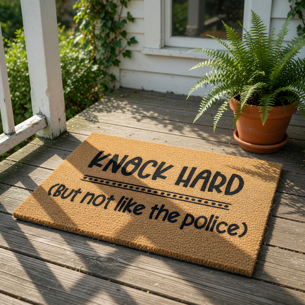 Funny Knock Hard But Not Like The Police doormat made of natural coir fiber, featuring bold black text on a textured brown welcome mat that serves as a humorous front porch decor piece for your home entrance and entryway floor.