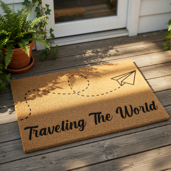 Traveling The World coir doormat featuring a black paper airplane design with a dashed flight path, this natural fiber welcome mat is a stylish outdoor floor rug for travelers and adventure lovers looking for unique home decor.