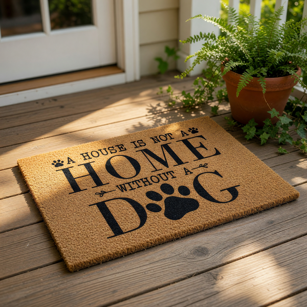 Dog lover welcome doormat featuring the phrase A House Is Not A Home Without A Dog with paw print accents, this natural coir fiber outdoor entry mat is a durable front porch rug for pet owners and animal lovers looking for home