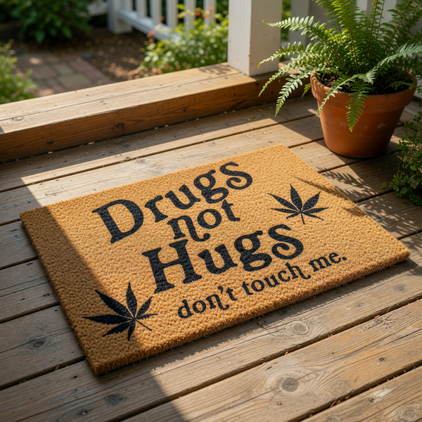 Funny Drugs Not Hugs doormat with cannabis leaf graphics, this natural coir fiber welcome mat features bold black text and is a humorous front porch decor piece for your home entrance, apartment, or dorm room floor mat needs.
