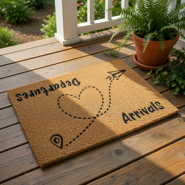 Travel themed doormat featuring a heart-shaped flight path, paper airplane, and the words Departures and Arrivals on a natural coir welcome mat, perfect for a housewarming entry rug or a unique home decor floor mat for travelers.