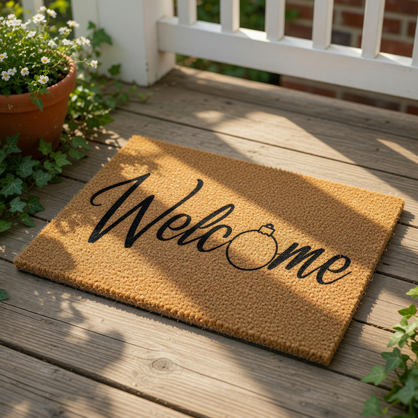Christmas Welcome Doormat with a festive ornament design, this natural coir fiber welcome mat features elegant black script text for a holiday porch decor look that is perfect for your front door entrance during the winter season.