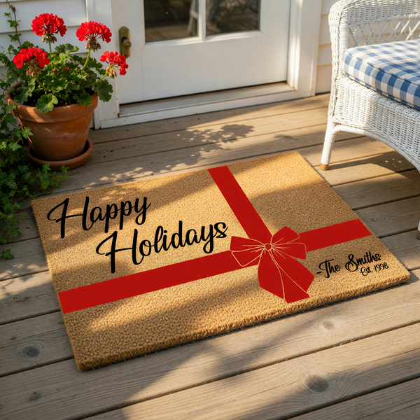 Personalized Happy Holidays doormat featuring a festive red gift ribbon design on natural coir fiber, making a custom family name welcome mat for your front porch decor during the winter season and holiday home entry.