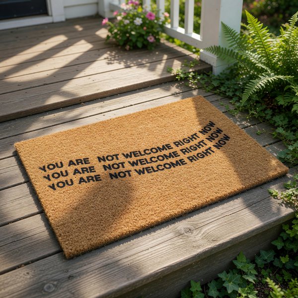Funny doormat with sarcastic text reading You Are Not Welcome Right Now, this natural coir fiber welcome mat features bold black lettering for a humorous front porch decor look that keeps unwanted visitors away from your home