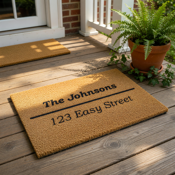 Personalized family name doormat featuring a custom last name and address on a natural coir fiber welcome mat, perfect for a front porch entrance or housewarming decor that adds a stylish touch to any home entryway and front door