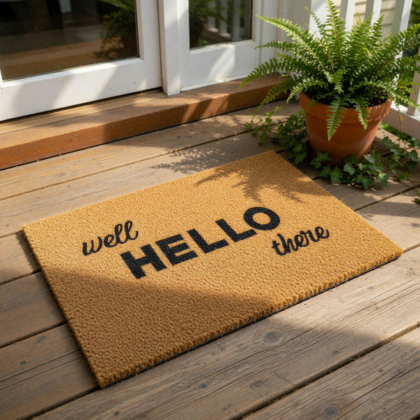 Well Hello There coir doormat featuring a natural fiber texture and bold black typography, this stylish front porch welcome mat is a durable outdoor floor rug for your entryway, home decor, or housewarming entrance decoration.