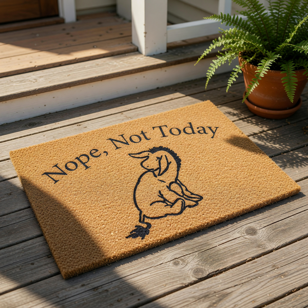 Nope Not Today donkey doormat featuring a cute sad donkey illustration on a natural coir fiber welcome mat, perfect for a funny front porch decor entrance rug that adds personality to your home entryway and outdoor floor space.