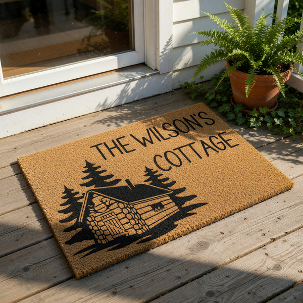 Personalized cabin doormat featuring a rustic log house and pine tree design on natural coir fiber, this custom family name welcome mat is a durable outdoor floor rug for your cottage, lake house, or mountain home entrance decor.